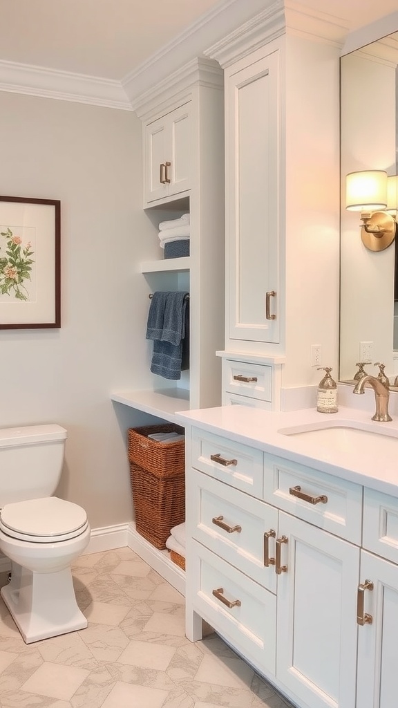 Stylish modern bathroom with custom cabinets and stylish hardware.