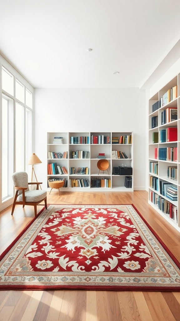 A cozy library room featuring a beautiful red custom rug with an intricate design, surrounded by bookshelves.