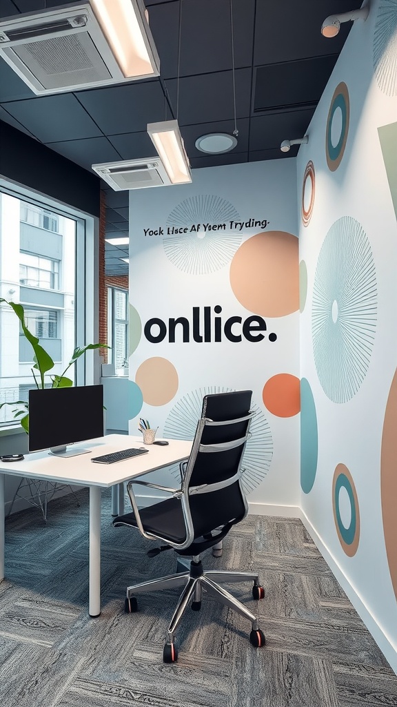 An office with custom wallpaper featuring colorful circles and lines, a desk with a computer, and a black office chair.