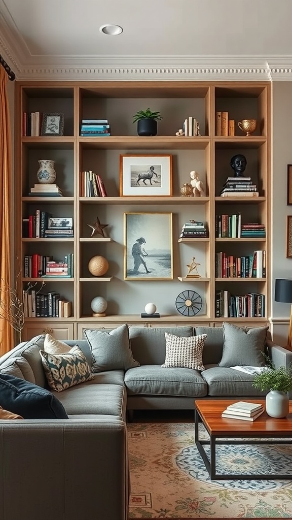 Cozy modern farmhouse living room with customized built-in shelves displaying books and decorative items.