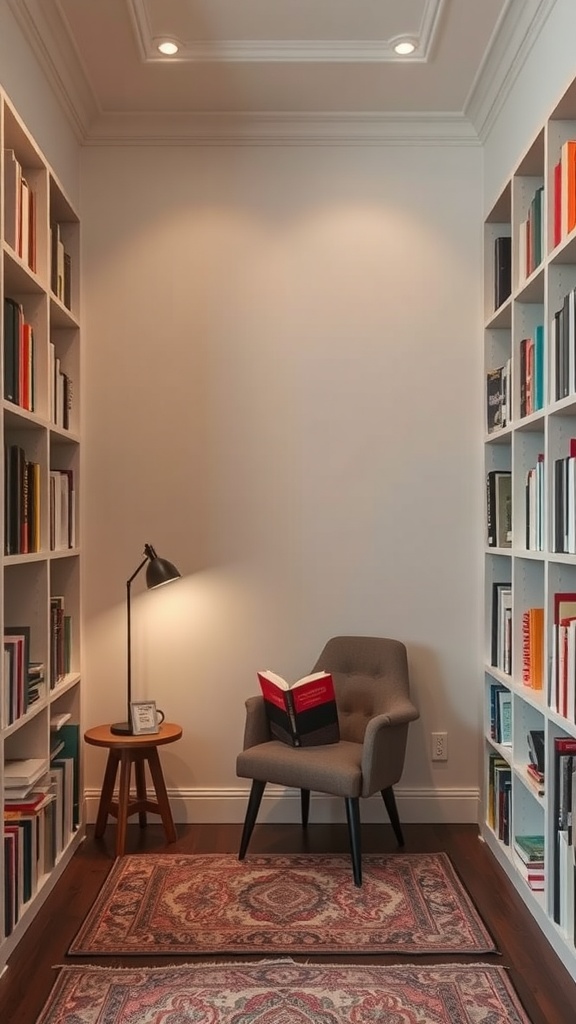 A cozy reading nook with built-in shelves, a chair, and a lamp.