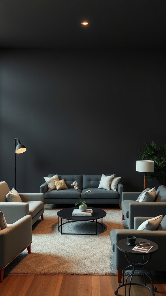 A stylish living room with dark walls and gray furniture, creating a dramatic atmosphere.