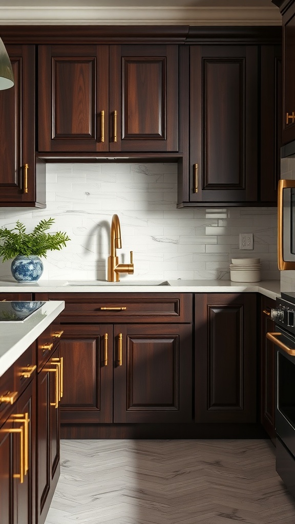 A kitchen featuring dark wood cabinets with gold hardware, white countertops, and a modern faucet.