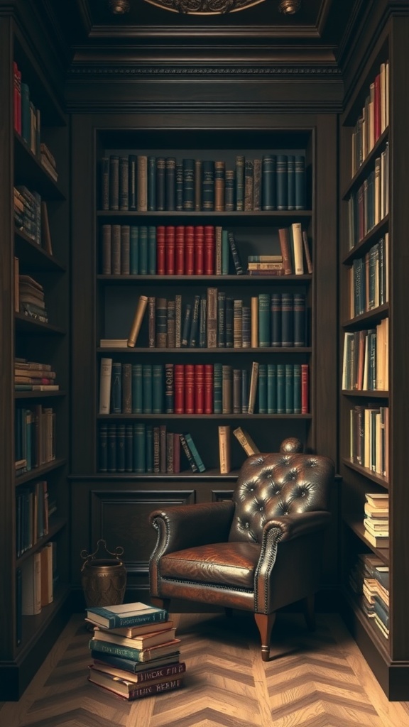 A cozy reading nook with dark wood shelves filled with books, a leather chair, and a warm atmosphere.