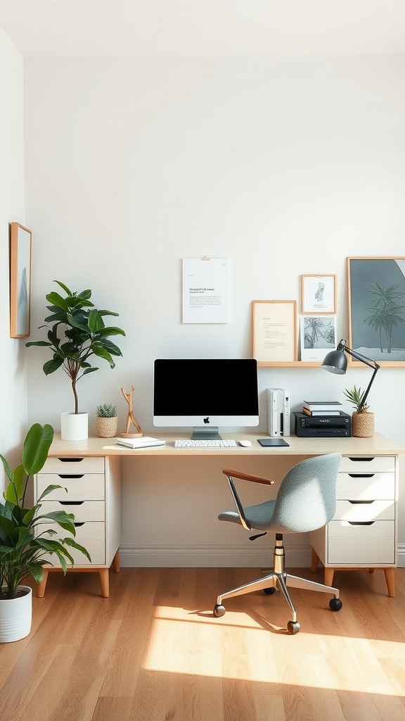 A cozy and organized home office with a computer, plants, and minimal decor.