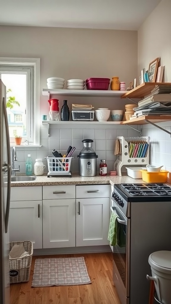 A small kitchen with shelves displaying colorful bowls, cups, and kitchen tools, highlighting organization and decluttering.