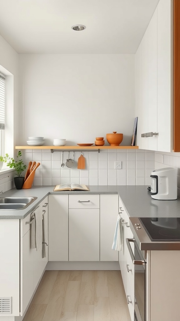 A compact, organized small apartment kitchen featuring open shelving and a minimalistic design.