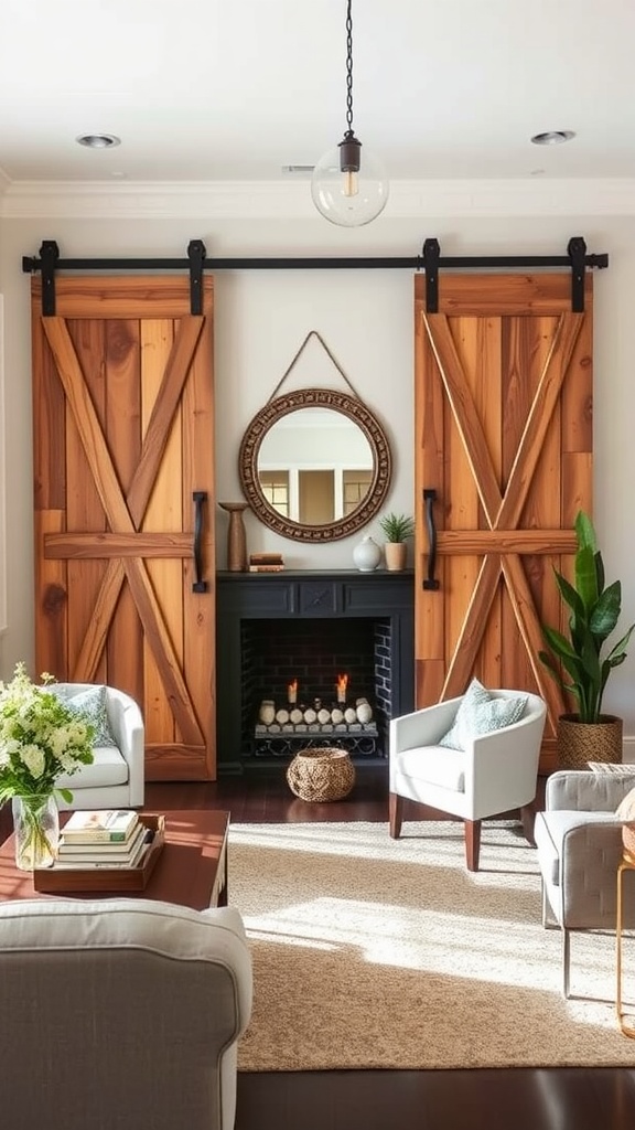 Living room featuring decorative barn doors, a fireplace, and cozy seating