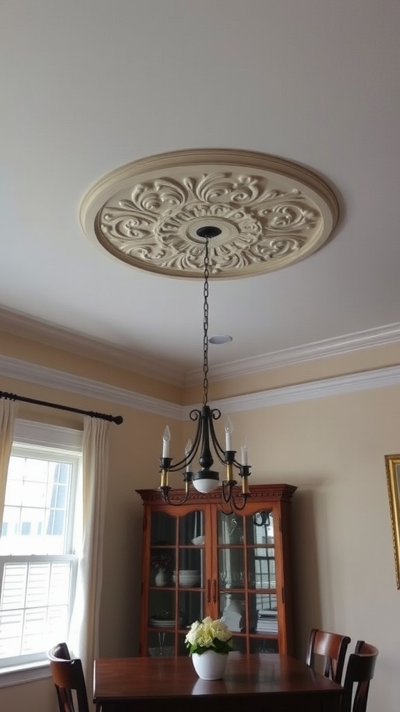 A decorative ceiling medallion with an elegant chandelier in a dining room.