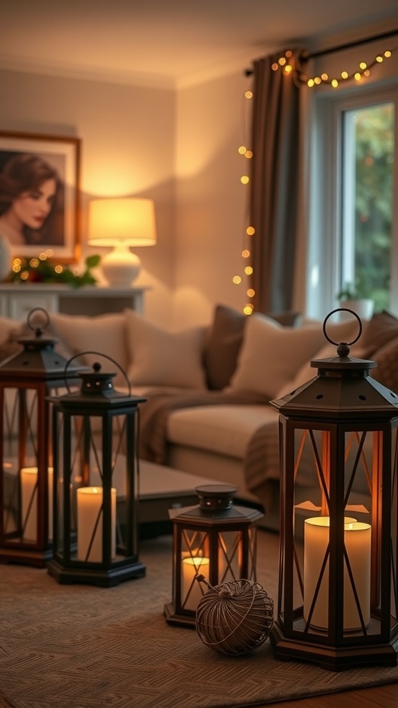 A cozy living room featuring decorative lanterns with candles, a lamp, and fairy lights.