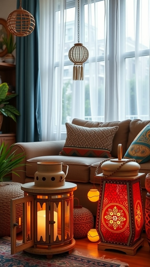 Cozy living room featuring decorative lanterns, vibrant cushions, and indoor plants.