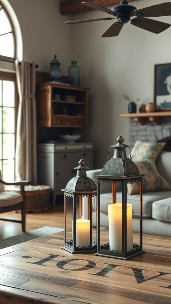 Rustic decorative lanterns with candles placed on a coffee table in a cozy living room.