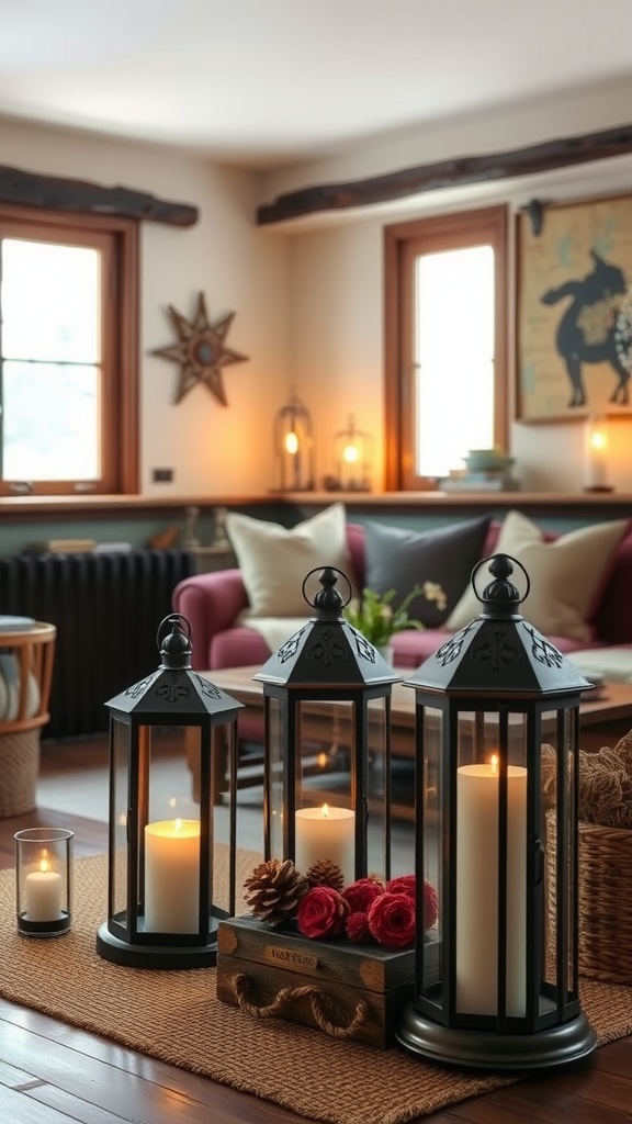 Three decorative lanterns with candles on a rug in a cozy living room