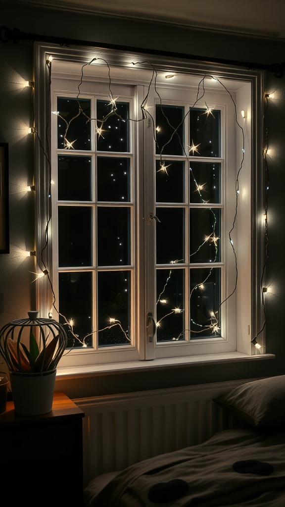 A cozy bedroom window adorned with decorative LED fairy lights illuminating the space.