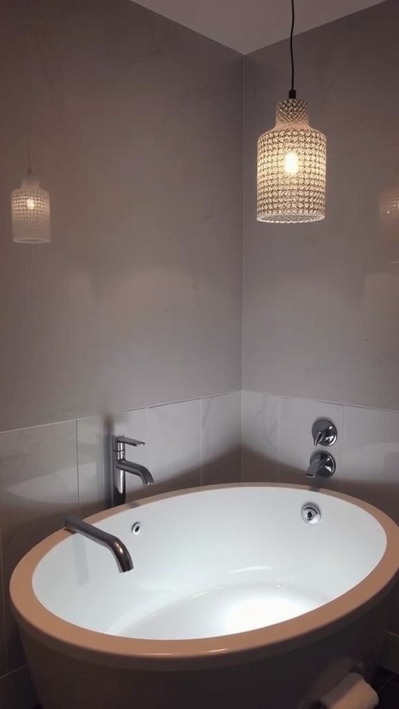 A stylish pendant light hangs above a modern bathtub, illuminating the space with a soft glow.