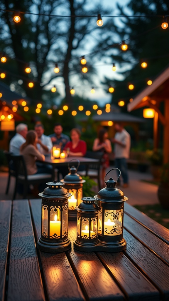 Decorative solar lanterns on a table with people gathering in the background, illuminated by string lights.