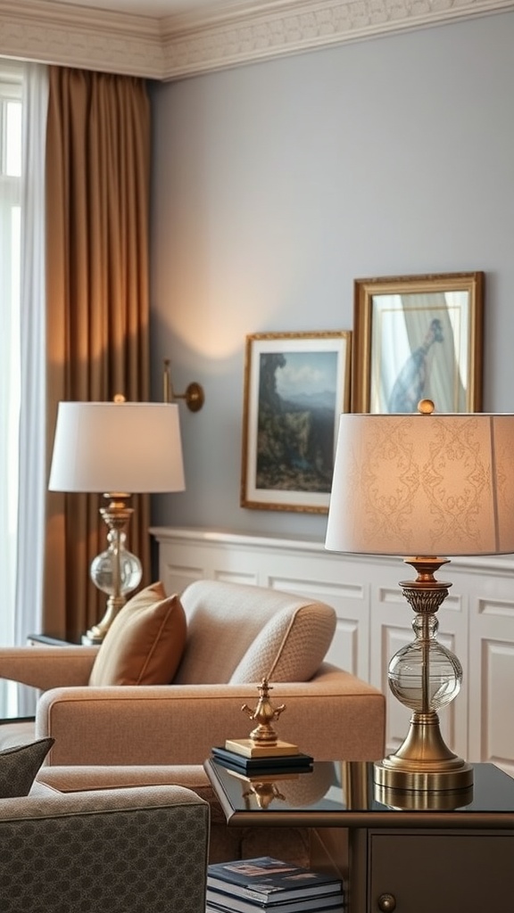 An elegantly decorated living room with decorative table lamps, plush armchairs, and artwork on the walls.