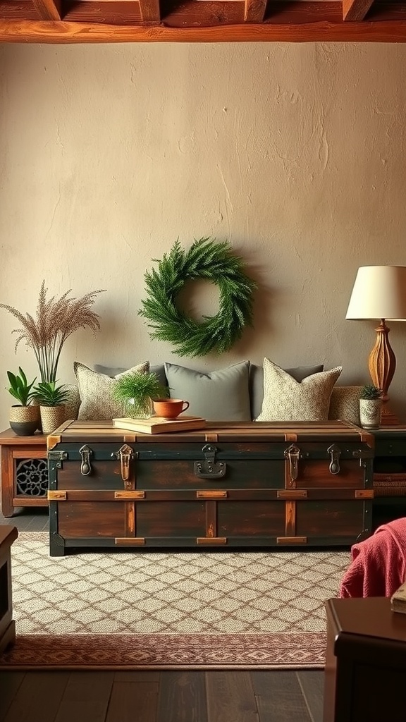 Cozy living room featuring a wooden decorative trunk, soft cushions, and plants
