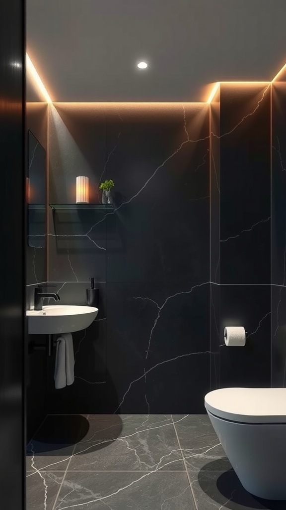 Modern bathroom featuring deep charcoal walls and floor with elegant lighting.