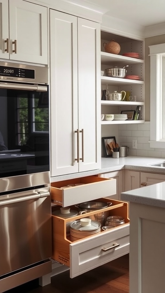 Deep drawers in stylish white kitchen cabinets, showcasing organized kitchenware.