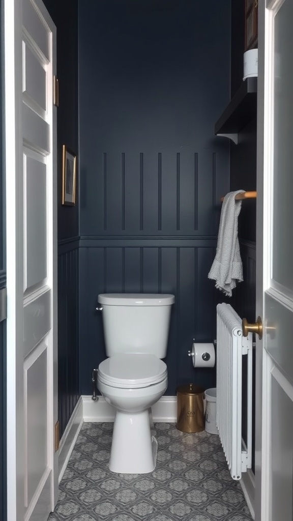 Small bathroom with deep navy walls, white fixtures, and patterned floor