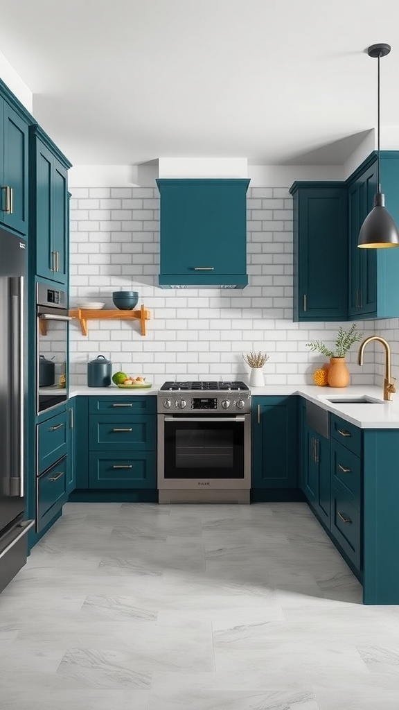 A modern kitchen featuring deep teal and light gray two-toned cabinets with a sleek design.