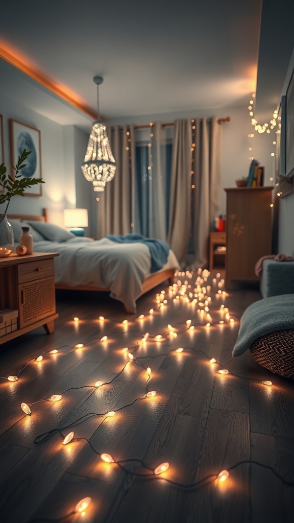 A cozy bedroom featuring fairy lights scattered on the floor, creating a warm and inviting atmosphere.