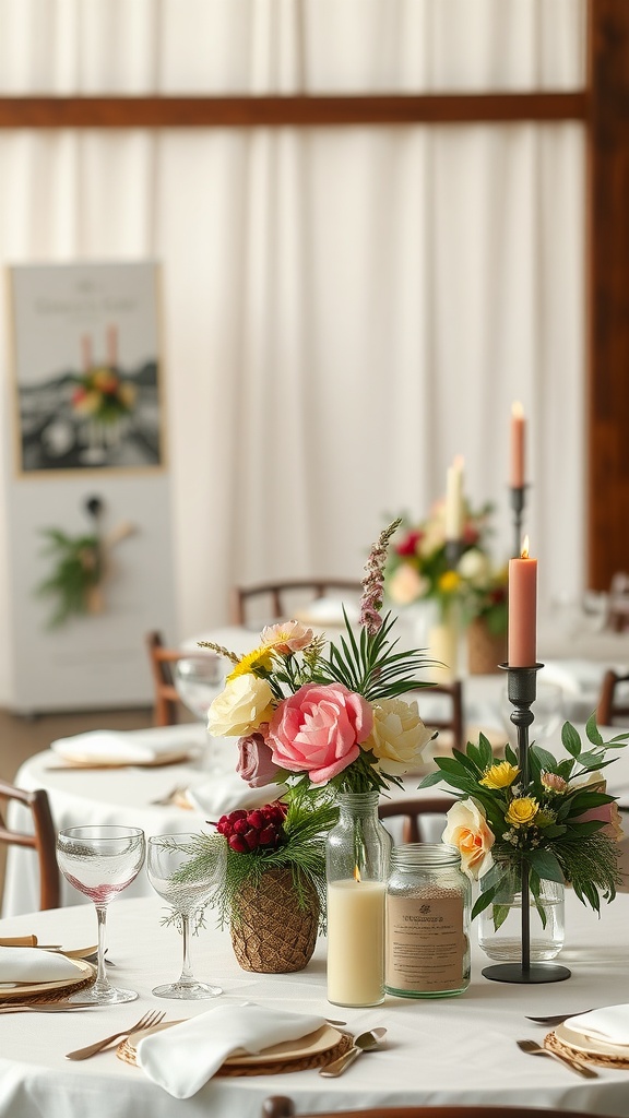 A beautiful farmhouse-style table setting with fresh flowers, candles, and elegant tableware