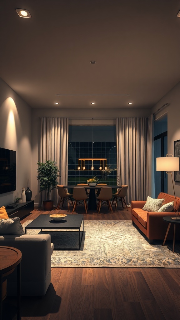 Cozy living room and dining room combo with layered lighting.