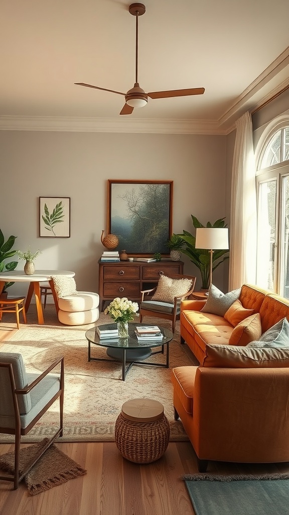 A cozy living room featuring warm tones with an orange sofa, wooden furniture, and plants.