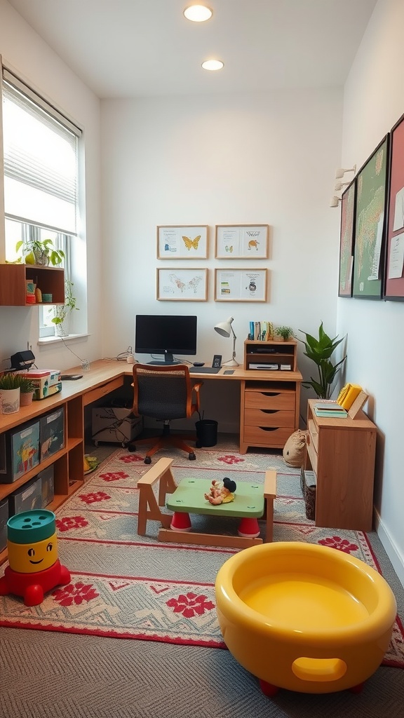 A cozy office space with a desk, computer, and a playful area for children with toys.