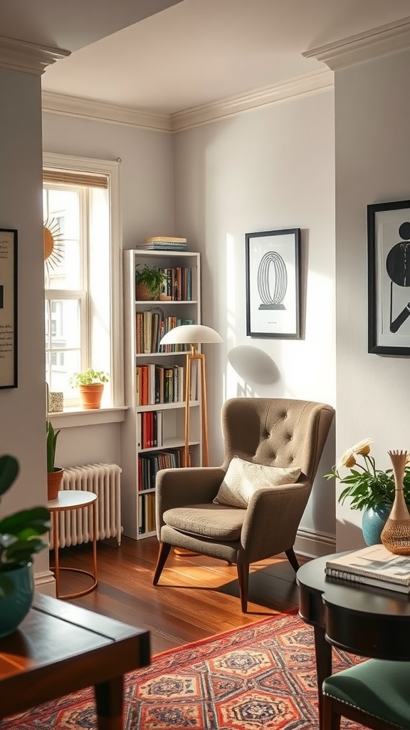 A cozy living room nook with a comfortable armchair, bookshelf, and plants, basking in natural light.