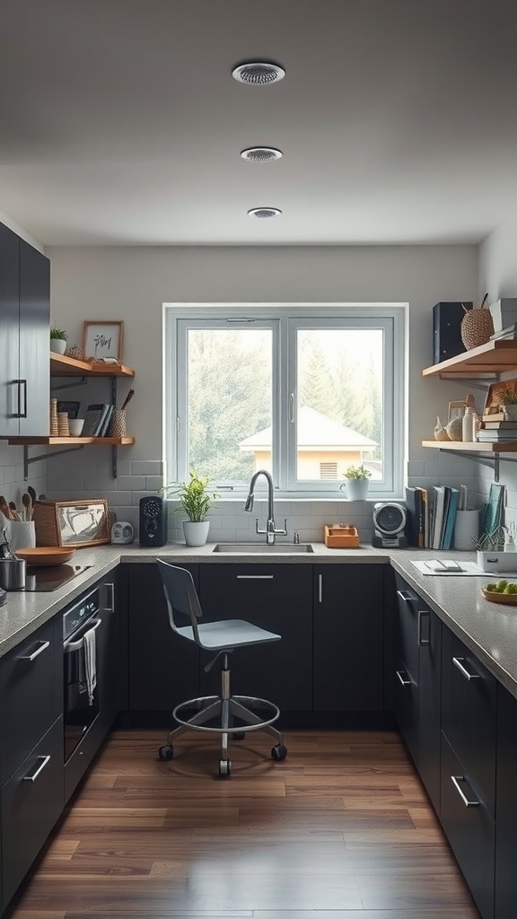 A modern U-shaped kitchen with dark cabinets, a rolling chair, and natural light from a window.