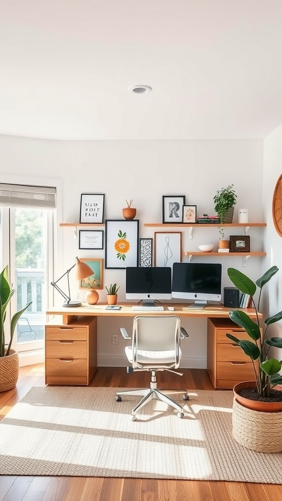 Cozy fall home office with wooden desk, plants, dual monitors, and wall art.