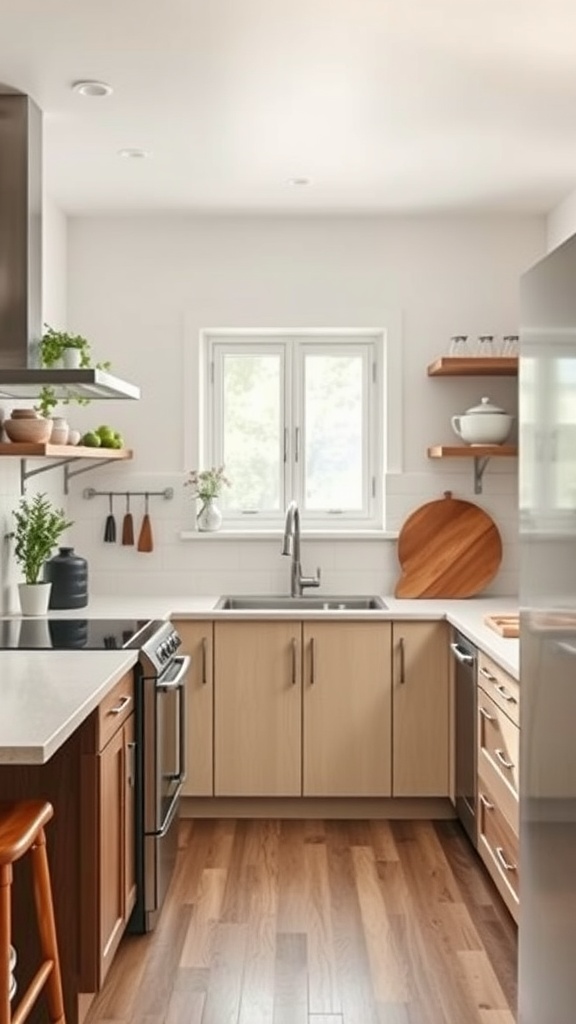 A modern U-shaped kitchen featuring light wood cabinets, open shelves, and a bright window.