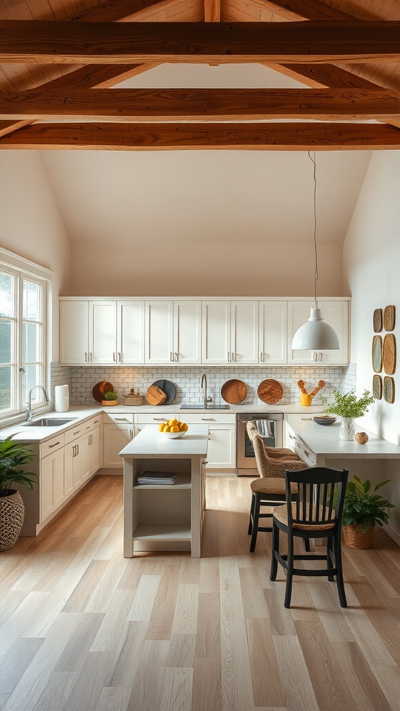 A bright and inviting U-shaped kitchen with a central island, light wood flooring, and warm tones, perfect for entertaining.