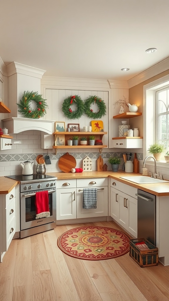 A cozy U-shaped kitchen decorated for the holiday season with wreaths, festive items, and warm colors.