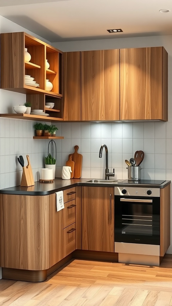 A cozy U-shaped kitchen with wooden cabinets and an efficient layout.
