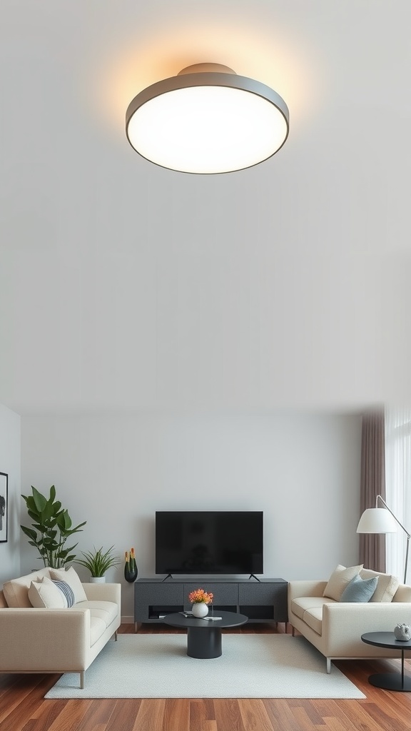 A modern living room with a dimmable ceiling fixture, featuring two beige sofas, a coffee table, and a TV stand.