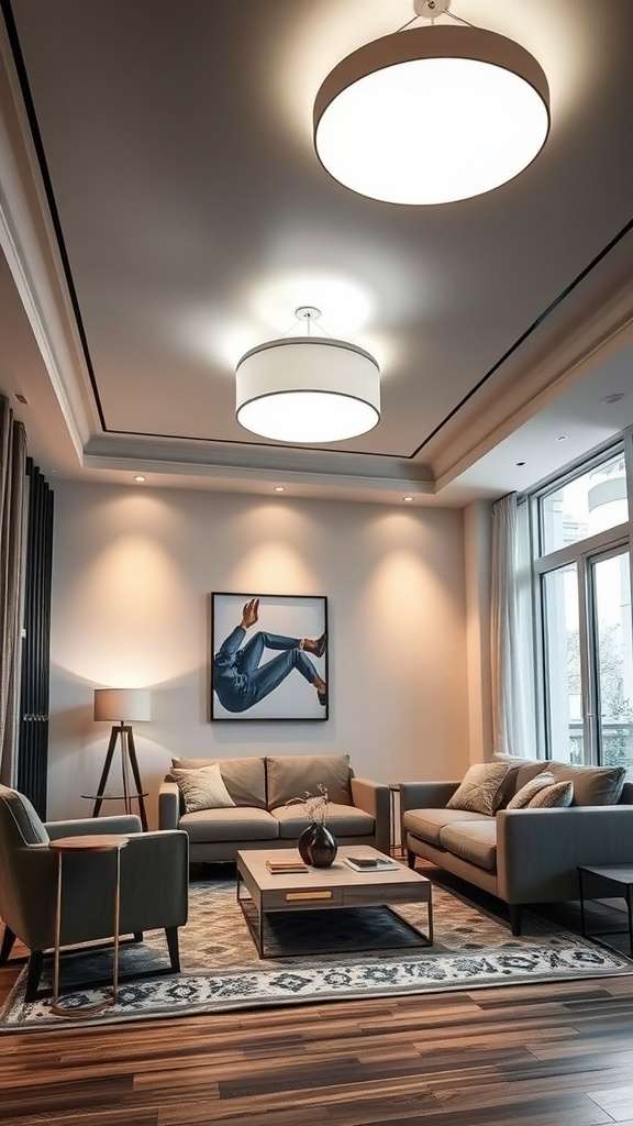 Contemporary living room with dimmable ceiling lights and stylish furniture