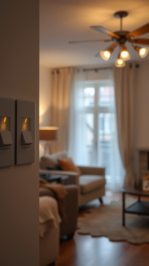 A close-up of light switches for dimmable lighting in a cozy living room setting.