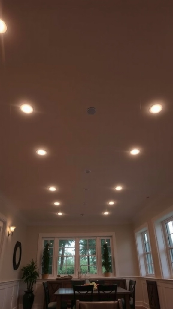 A well-lit dining area with recessed lights on a sloped ceiling