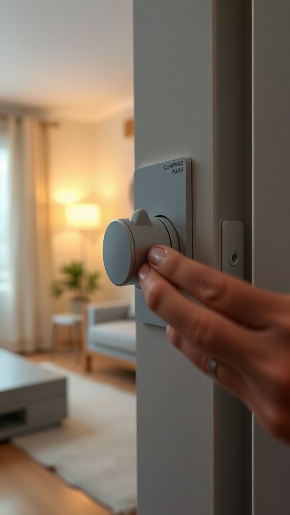 A hand adjusting a dimmer switch in a cozy living room setting.