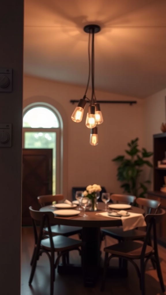 A stylish pendant light with multiple bulbs in a cozy dining area, featuring dimmer switches on the wall.