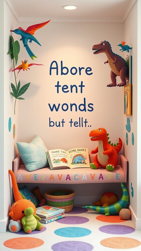 A colorful kids' reading nook with dinosaur decorations, a cozy bench, vibrant cushions, and books.