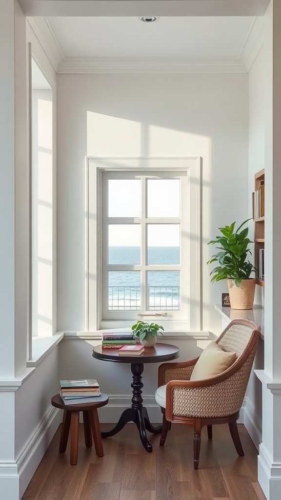 A cozy reading nook with a view of the sea, featuring a window, a small table with books, and a comfortable chair.