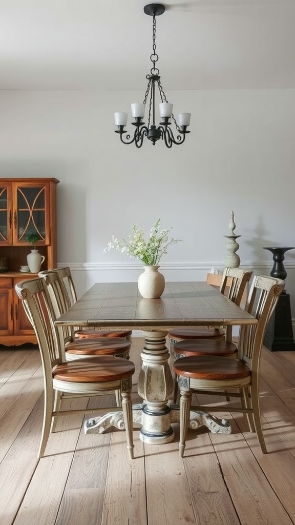 A cozy farmhouse dining room with a distressed table, wooden chairs, and a chandelier.