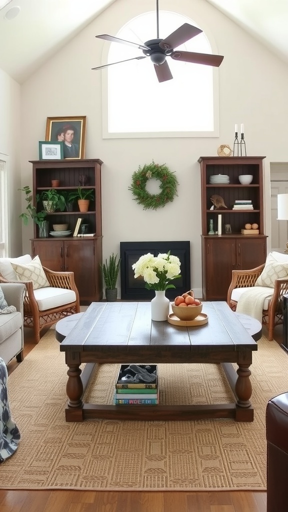 A cozy farmhouse living room with a rustic wooden coffee table surrounded by comfortable chairs.