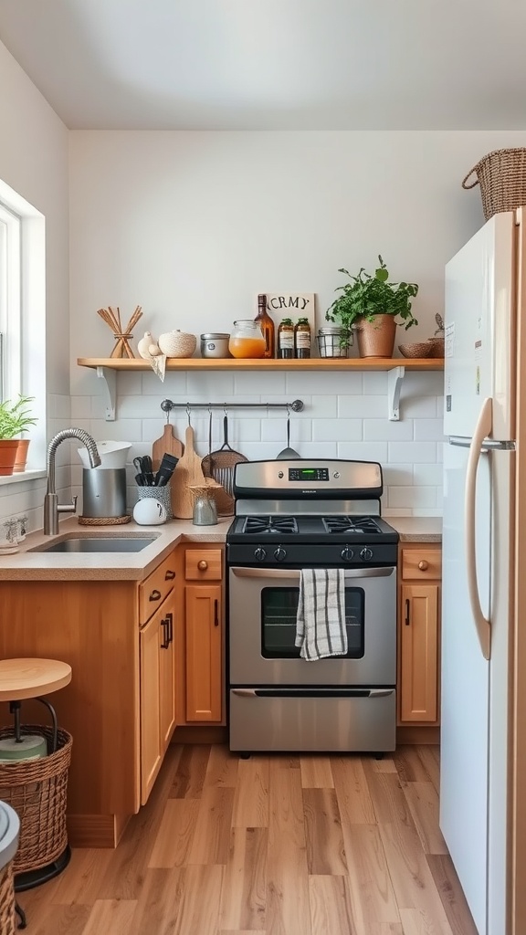 A cozy, modern very small kitchen with wood cabinets, a stainless steel stove, and open shelving displaying plants and kitchen essentials.