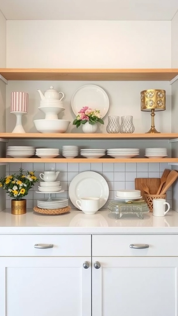 Open shelving in a kitchen displaying plates, glassware, and decorative items.